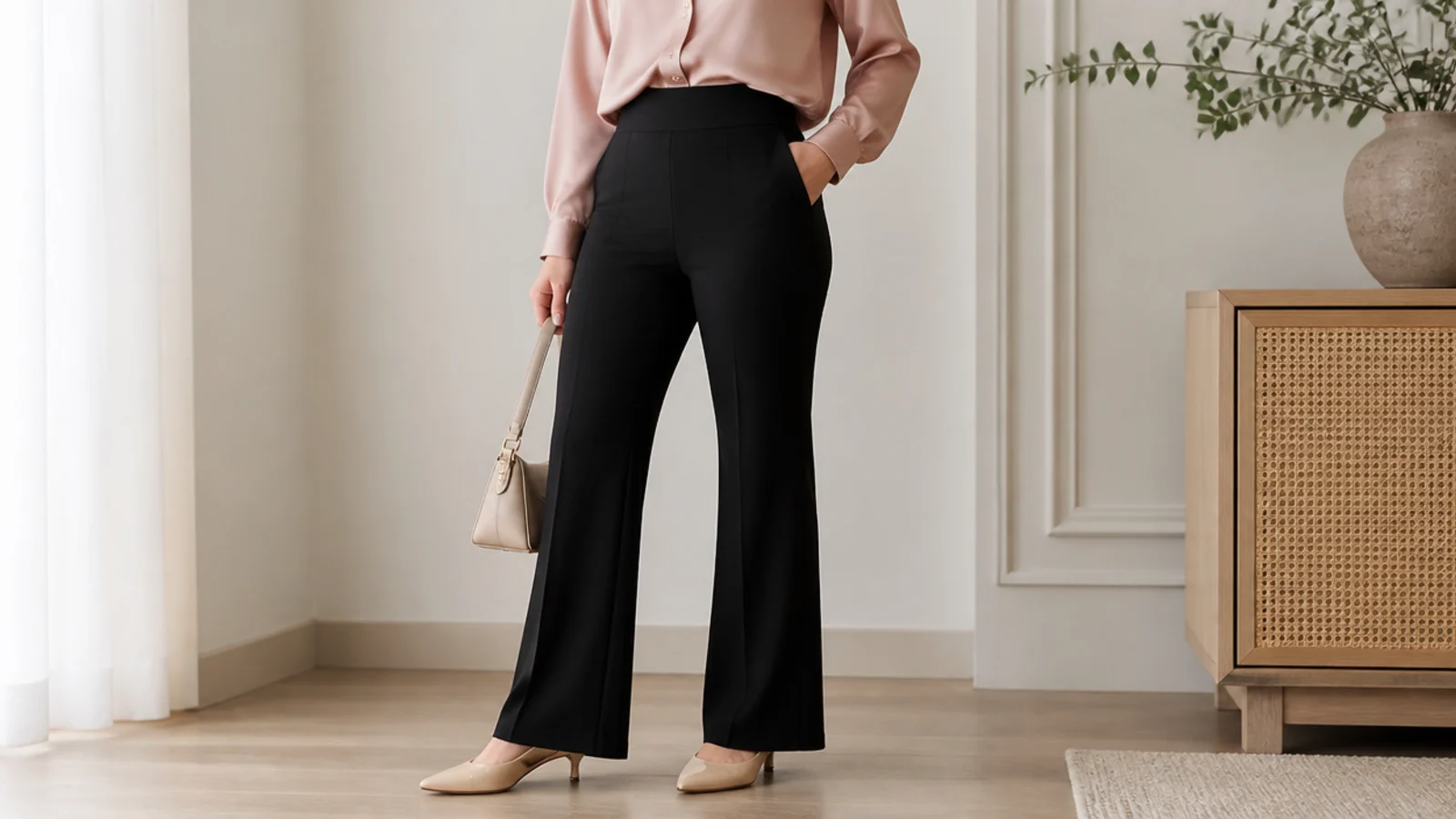 Faceless outfit with black high-rise flare sweatpants and a satin blouse tucked in with a low heel
