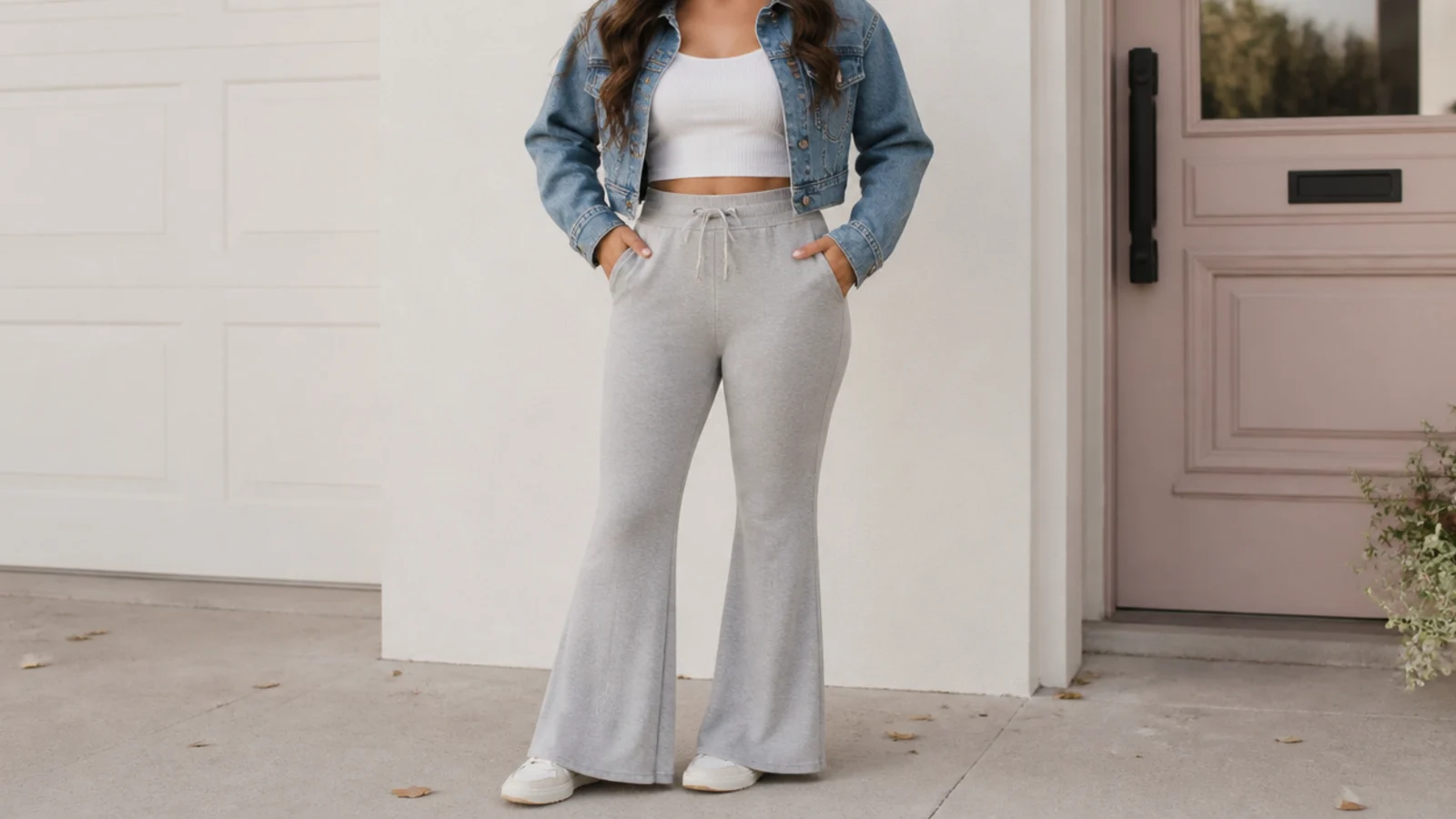 Faceless outfit with gray flare sweatpants, a fitted tank and a cropped mid-wash denim jacket