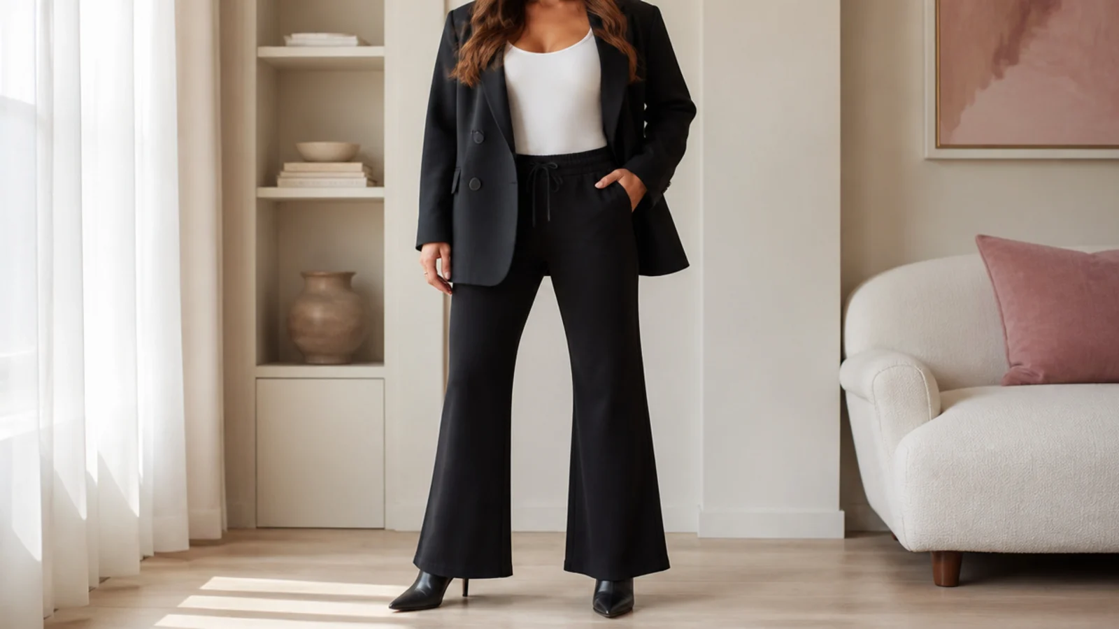 Faceless outfit with black flare sweatpants, a fitted bodysuit and an oversized black blazer over heeled boots