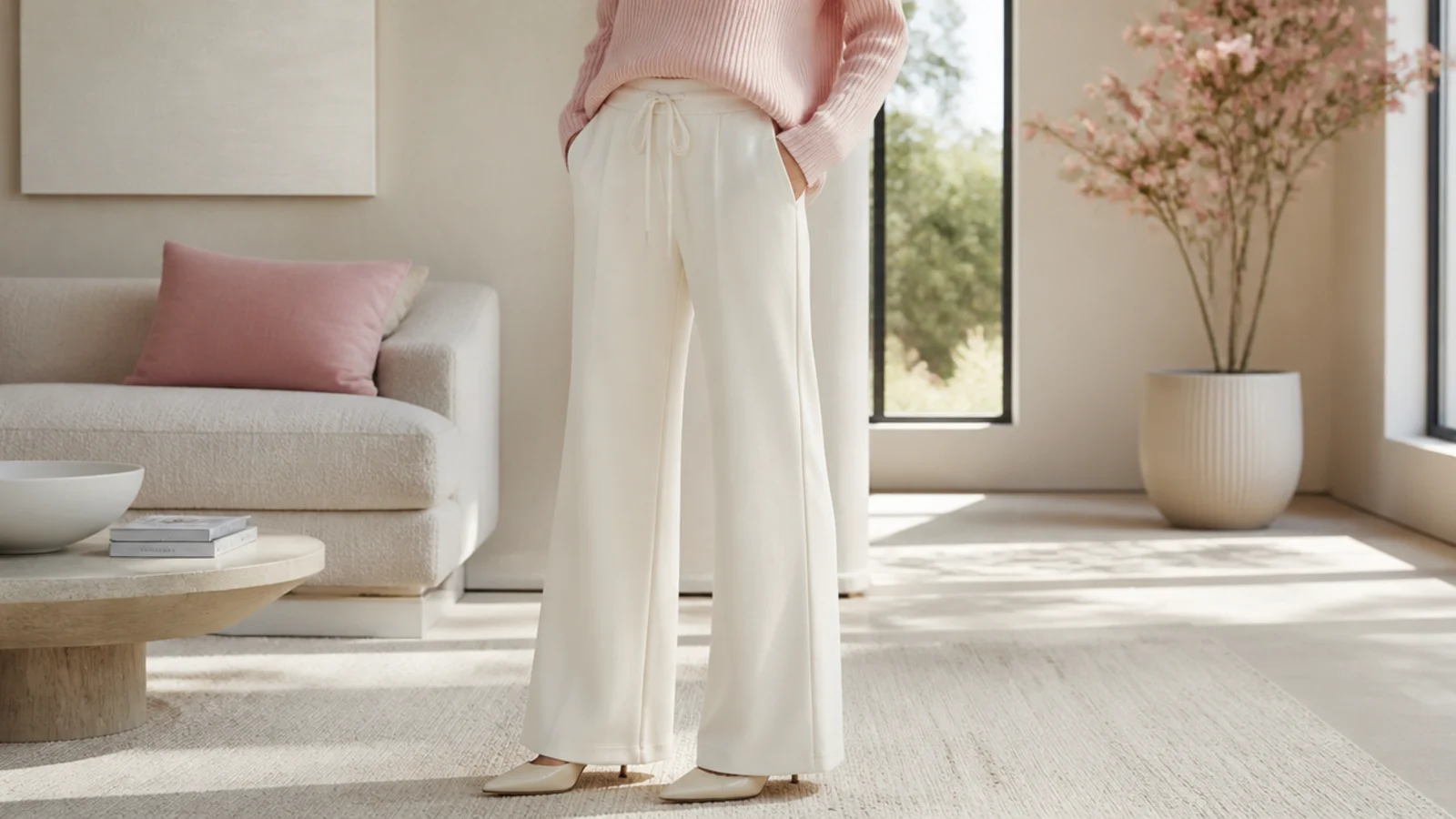 Faceless outfit with cream flare sweatpants and pointed heeled mules peeking from under a floor-length hem