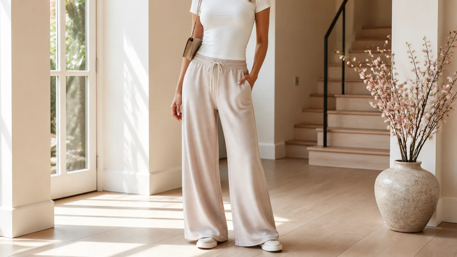 Faceless outfit showing a fitted tucked top against wide-leg flare sweatpants for balanced proportion