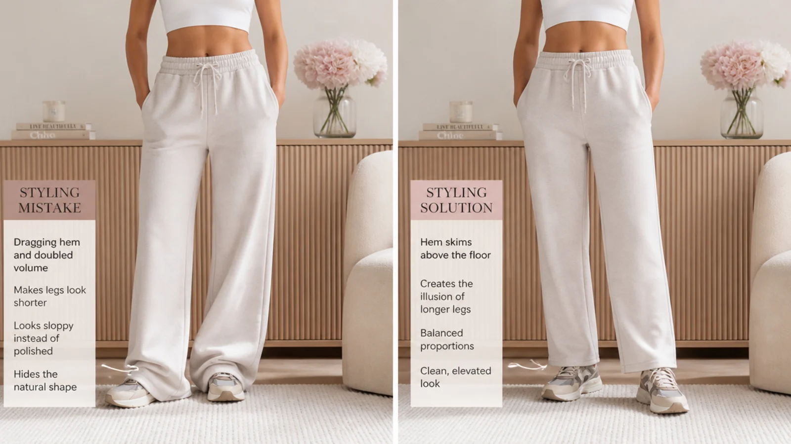 Faceless comparison showing a dragging hem and doubled volume as flare sweatpant styling mistakes