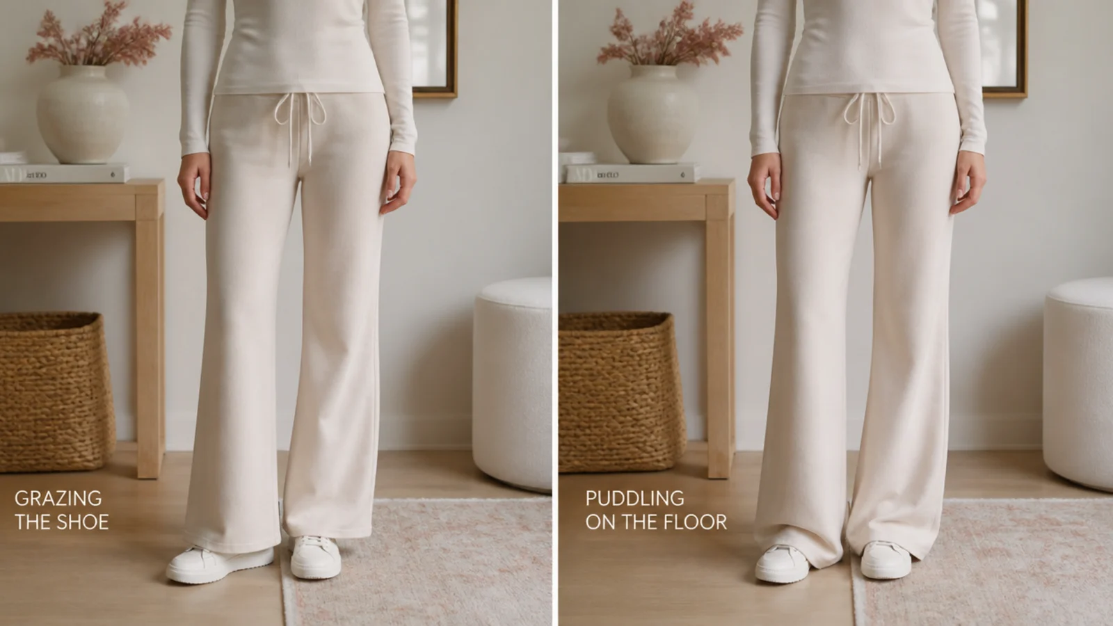 Faceless comparison of a flare sweatpant hem grazing the shoe versus puddling on the floor