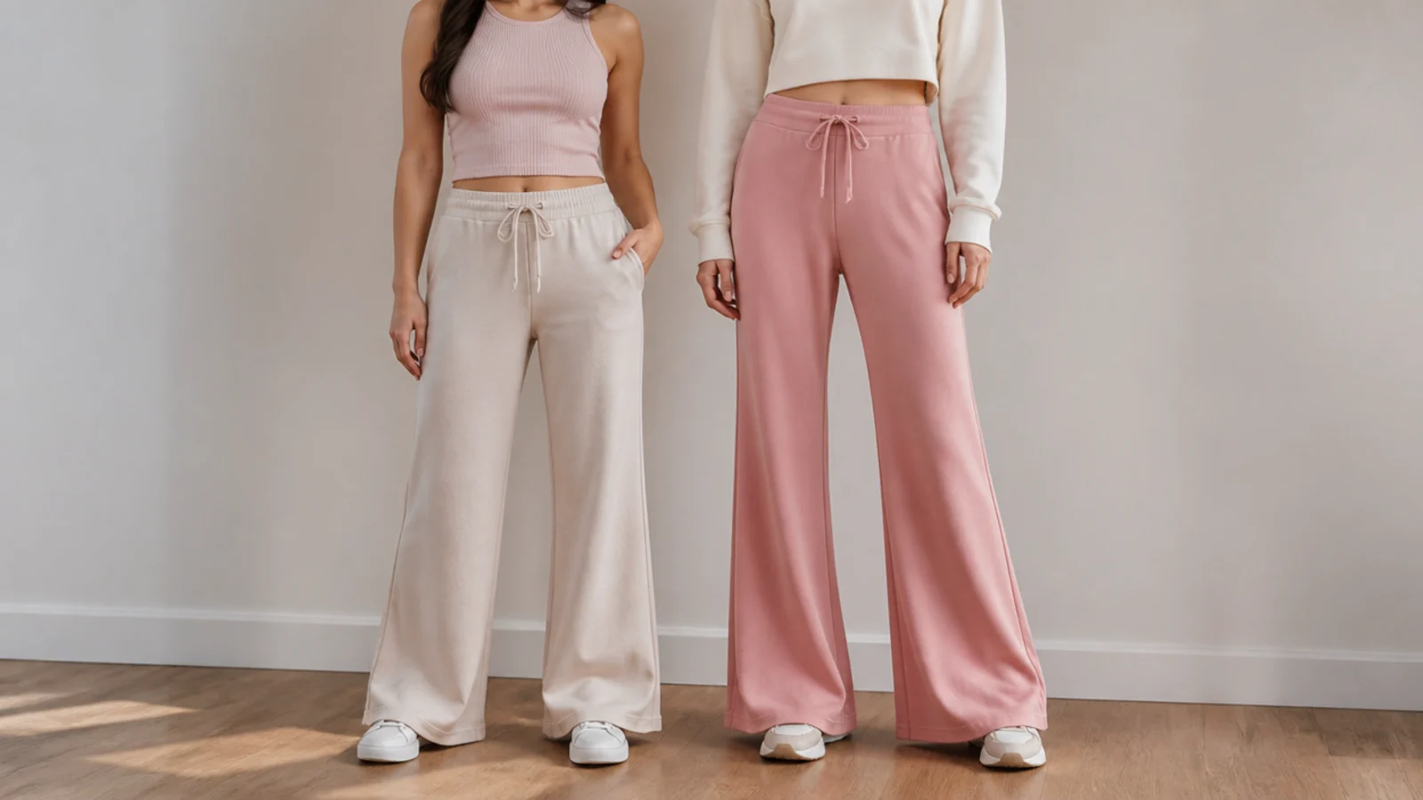 Faceless side-by-side of a petite and a tall frame styling floor-length flare sweatpants