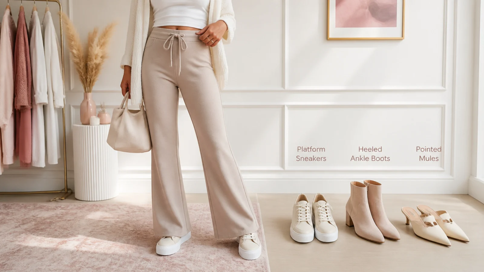 Faceless flat-lay of platform sneakers, heeled ankle boots and pointed mules for flare sweatpants
