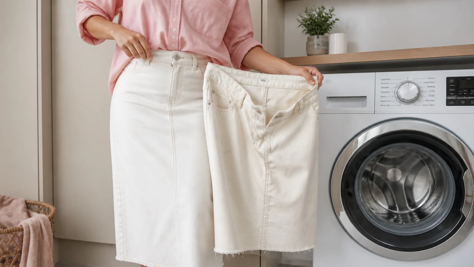 Faceless close-up of a white denim skirt turned inside out beside a cold-water dial on a washing machine