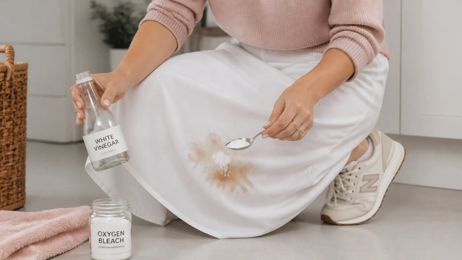 Faceless close-up of white vinegar and oxygen bleach treating a coffee-colored tannin stain on a white skirt