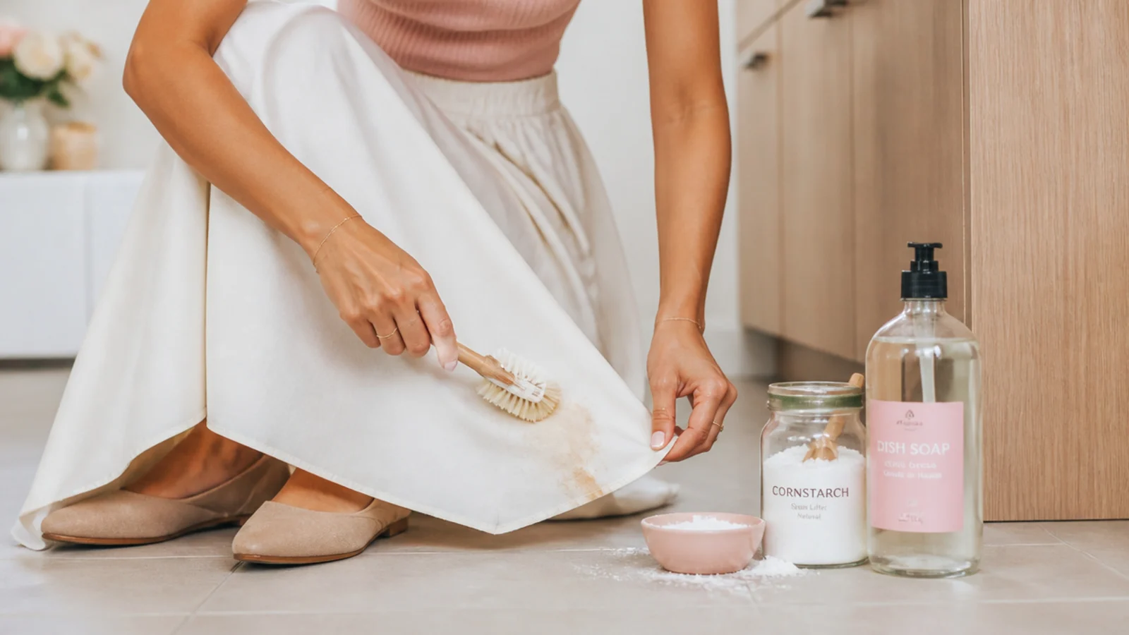 Faceless close-up of dish soap and cornstarch lifting a grease mark from a white skirt hem