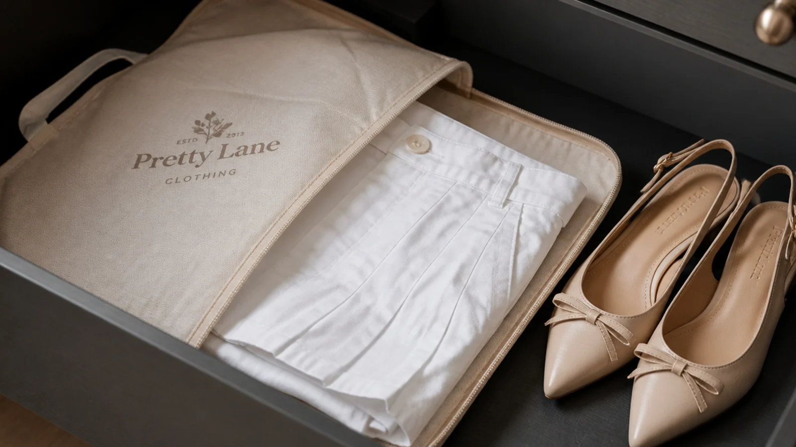 Faceless close-up of a folded white skirt inside a breathable cotton garment bag in a cool dark drawer