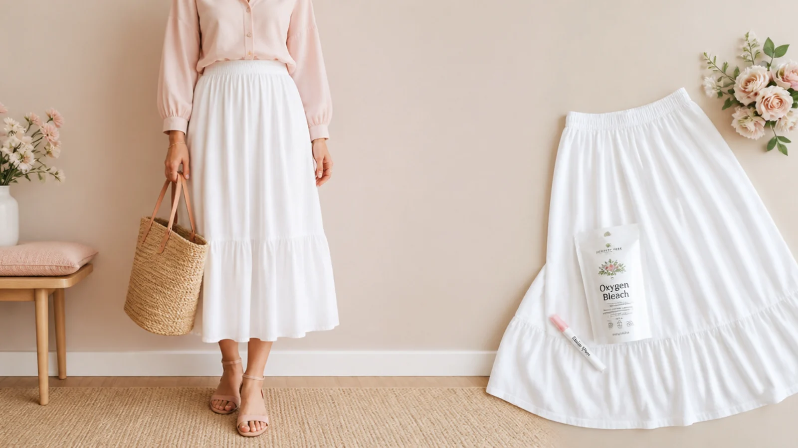 Faceless flat-lay of white skirts with oxygen bleach and a stain pen for keeping a white skirt white