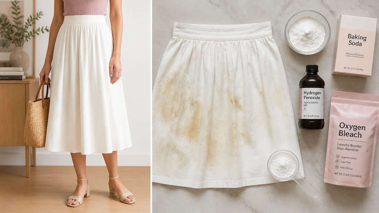 Faceless flat-lay of baking soda, hydrogen peroxide and oxygen bleach laid out to treat a yellowed white skirt