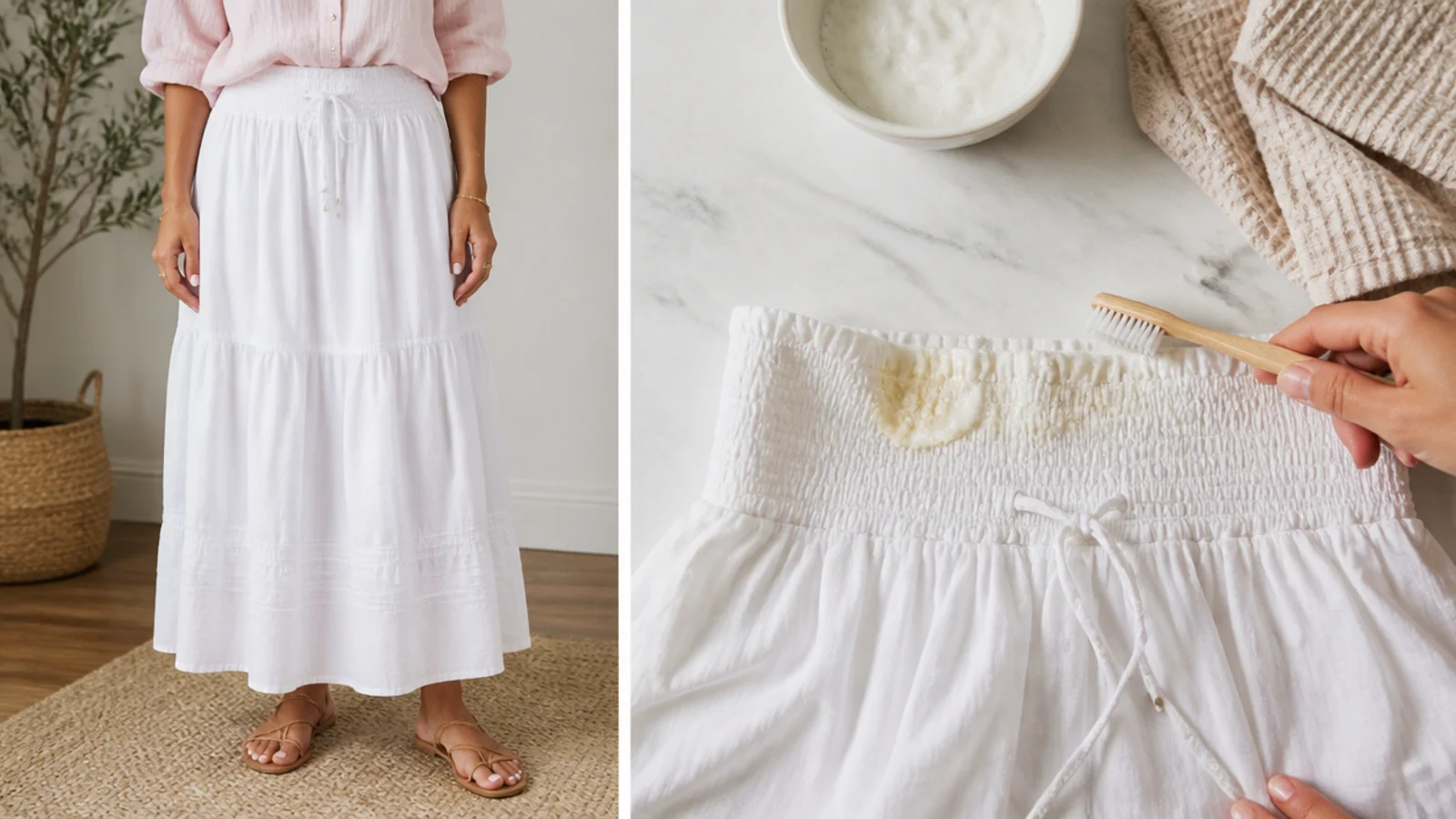 Faceless close-up of oxygen-bleach paste worked into the waistband of a white cotton skirt before washing