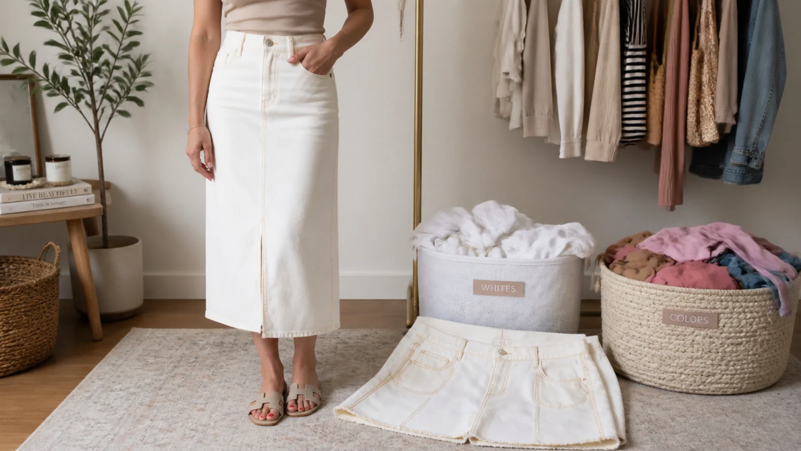 Faceless flat-lay of a white skirt turned inside out beside a whites-only wash pile separated from colors