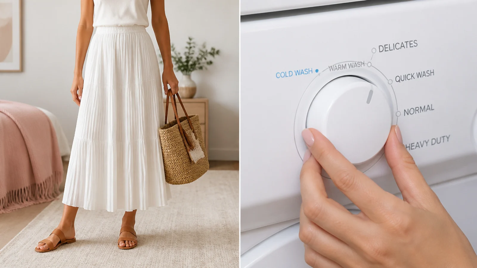 Faceless close-up of a washing machine dial set between warm and cold for different white skirt fabrics