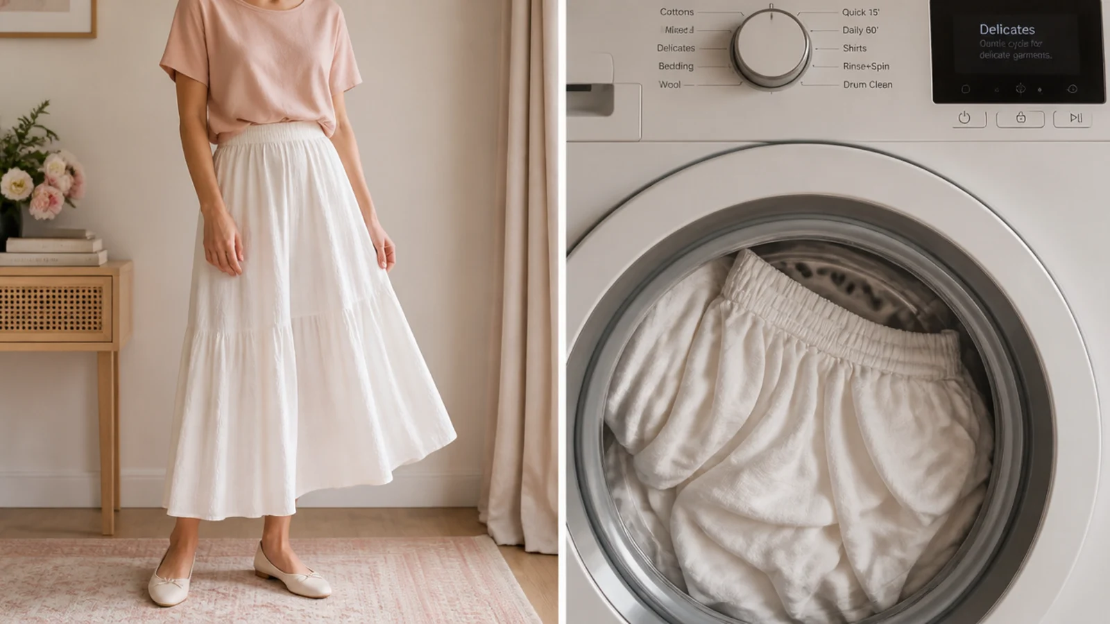 Faceless close-up of a washing machine set to a gentle cycle with a white skirt loosely loaded inside