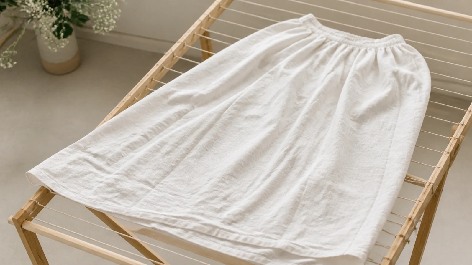 Faceless flat-lay of a white linen skirt laid flat to air-dry on a rack away from a bright window