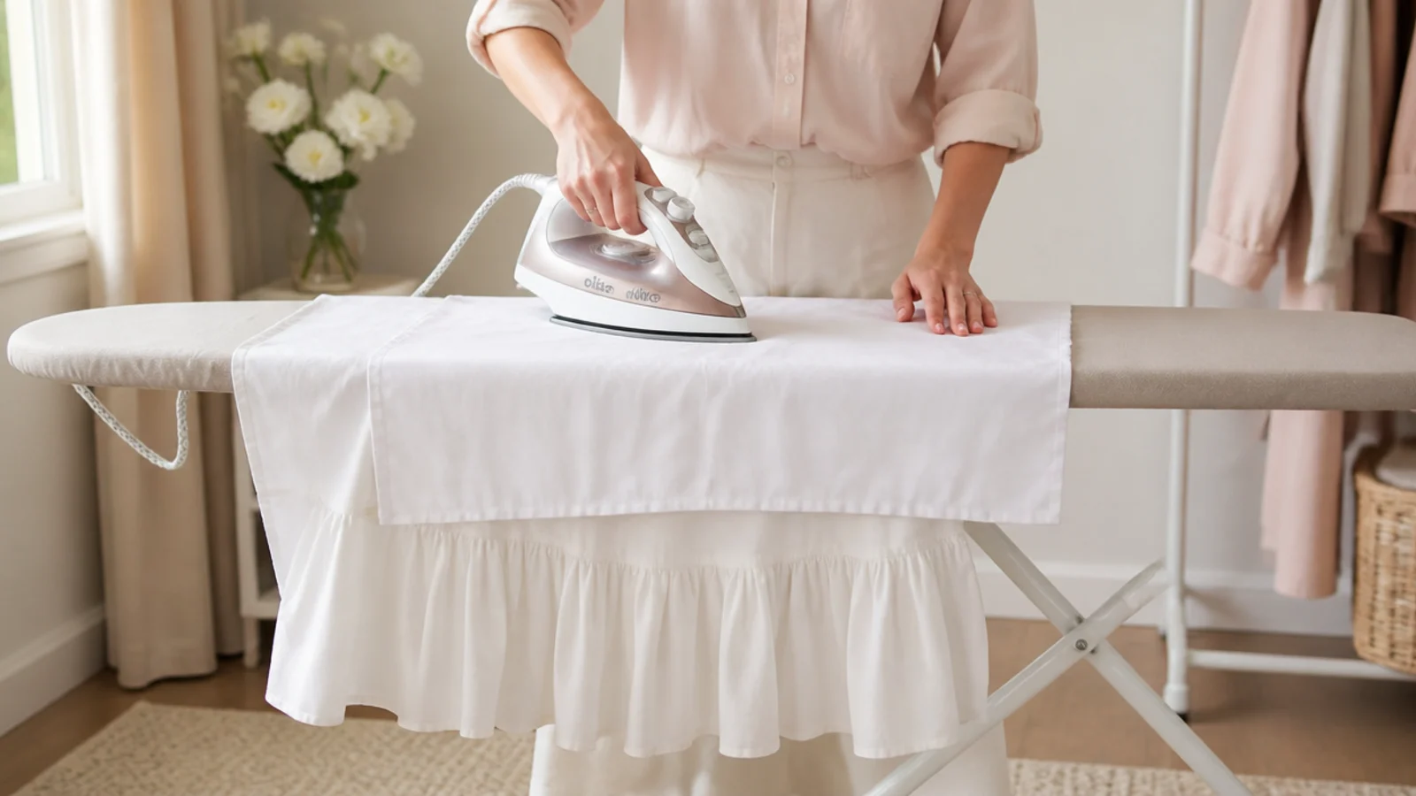 Faceless close-up of a white cotton pressing cloth laid over a white skirt before ironing to prevent scorch