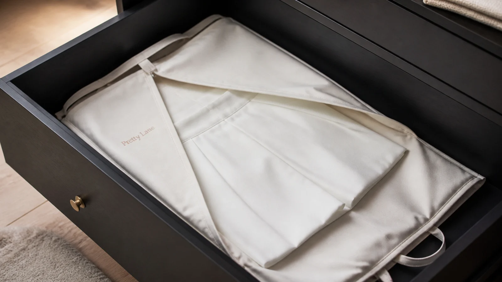 Faceless close-up of a folded white skirt stored in a breathable cotton garment bag inside a cool dark drawer