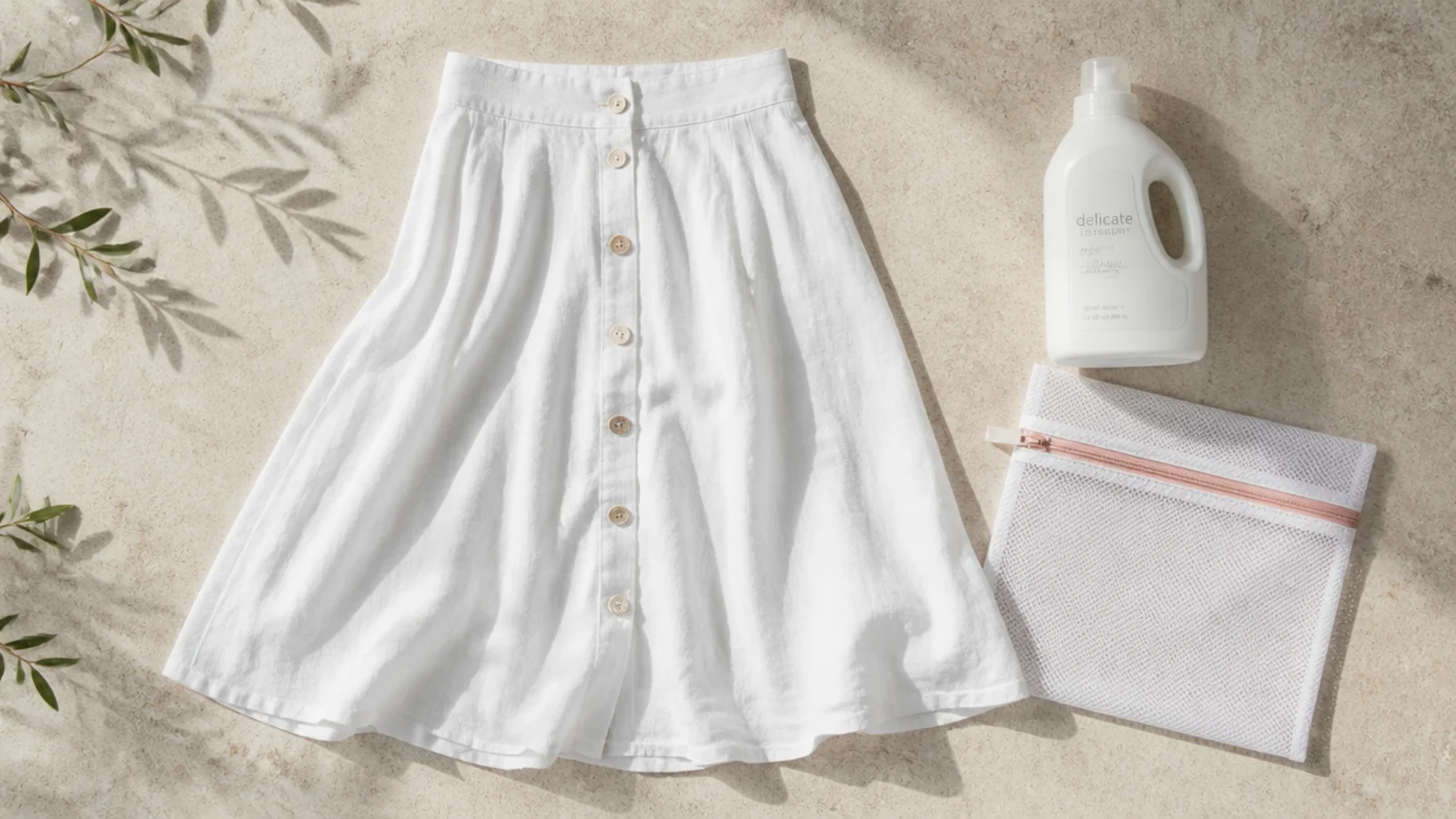 Faceless flat-lay of a white linen skirt laid flat to dry beside cool-water detergent and a mesh wash bag
