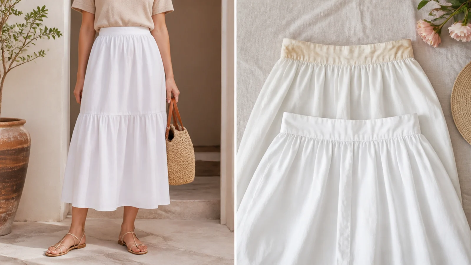 Faceless flat-lay comparing a yellowed white skirt waistband against a fresh bright-white cotton skirt