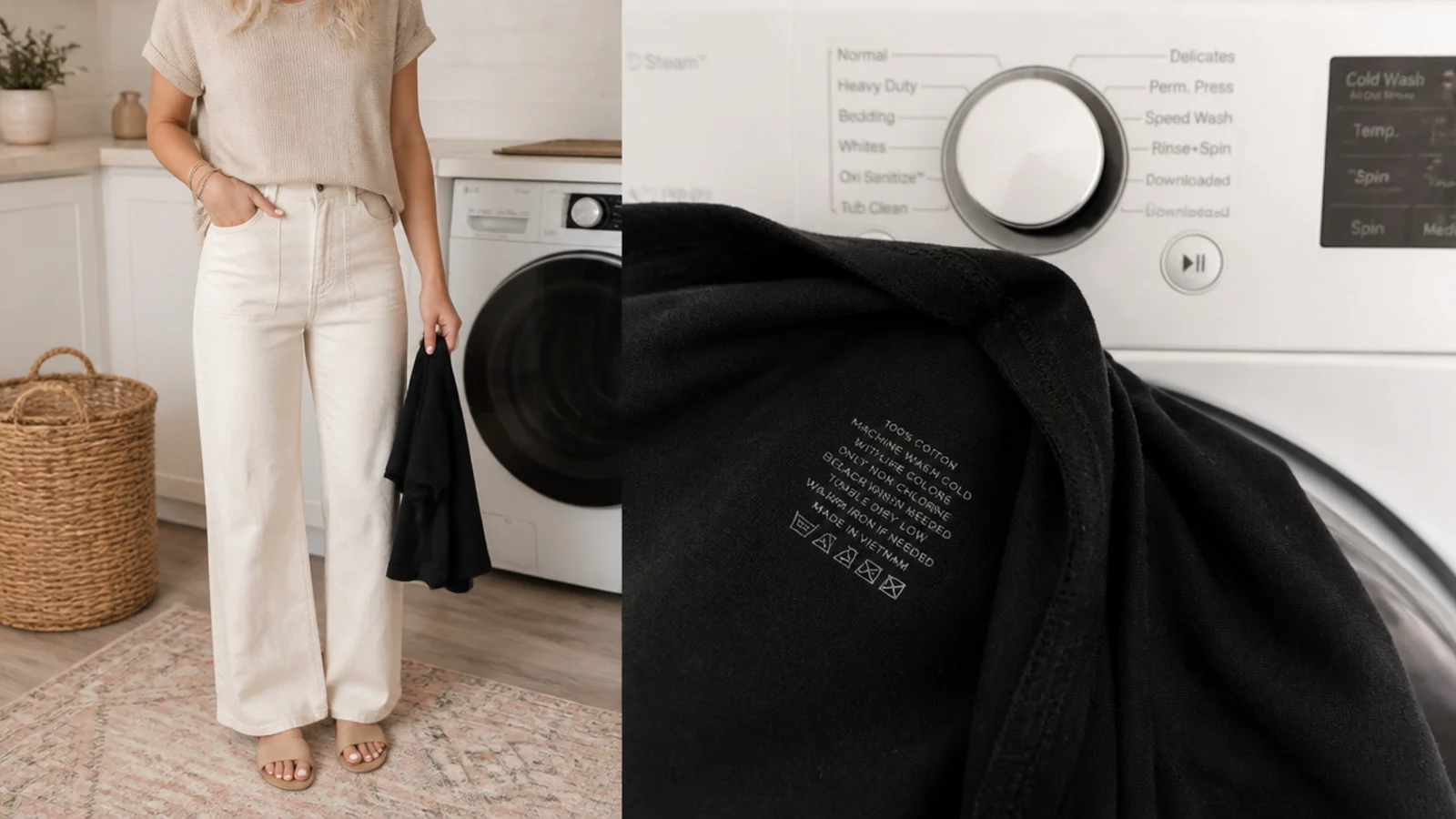 Faceless close-up of a black tee turned inside out beside a cold-water dial on a washing machine