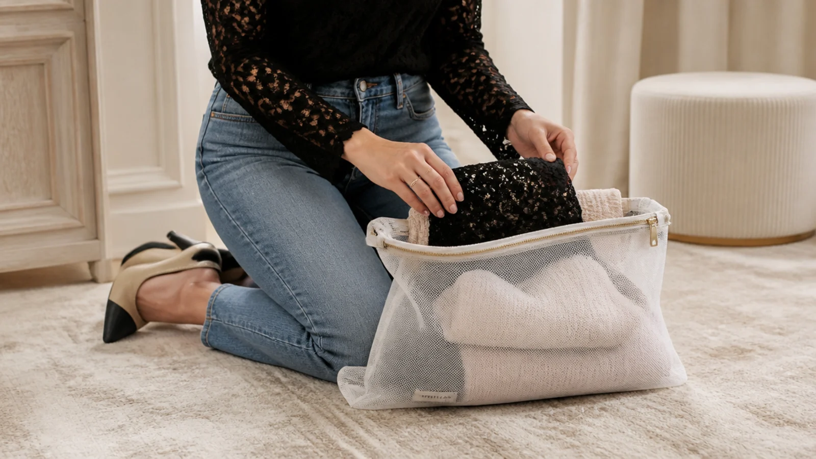 Faceless close-up of a black lace top and knit tucked into a zippered mesh laundry bag