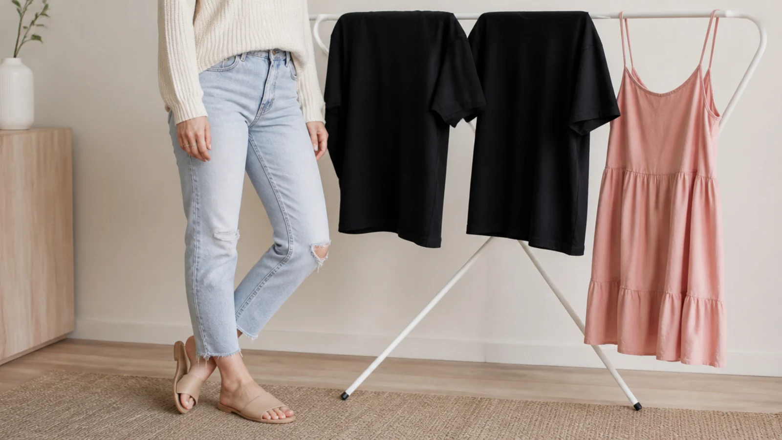 Faceless shot of black tees and a dress air-drying on a rack indoors away from a sunny window