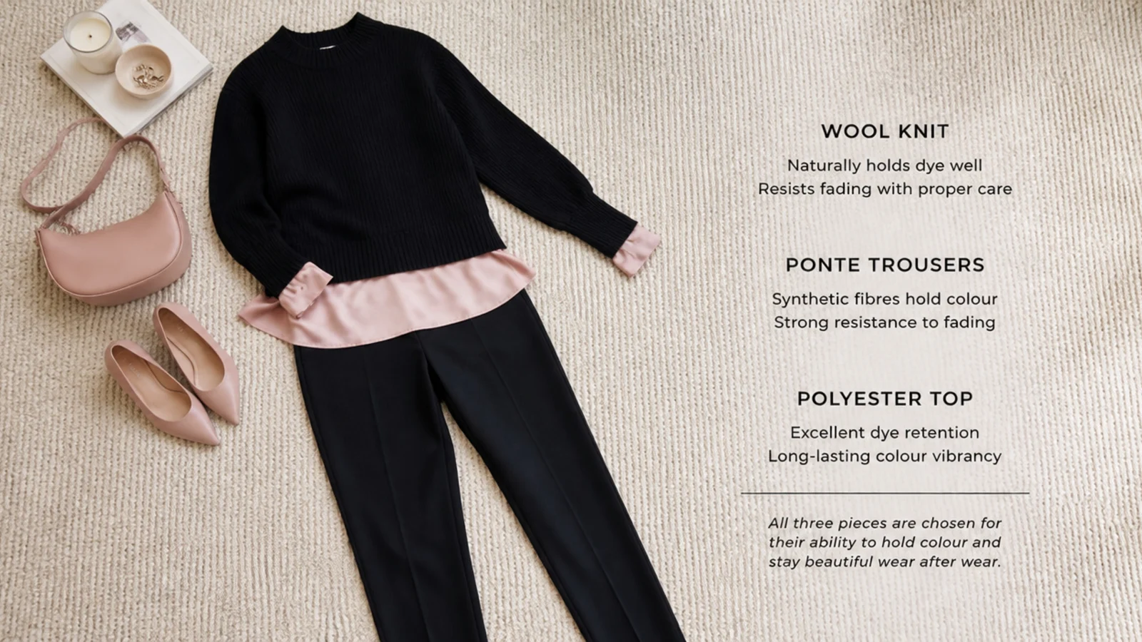 Faceless flat-lay comparing black wool knit, ponte trousers and a polyester top for dye retention