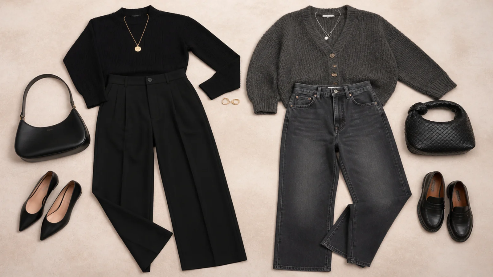 Faceless flat-lay of jet-black pieces grouped away from faded gray-black pieces to keep an outfit matching