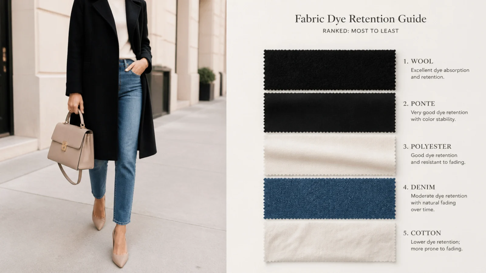 Faceless flat-lay of black wool, ponte, polyester, denim and cotton swatches ranked by dye retention