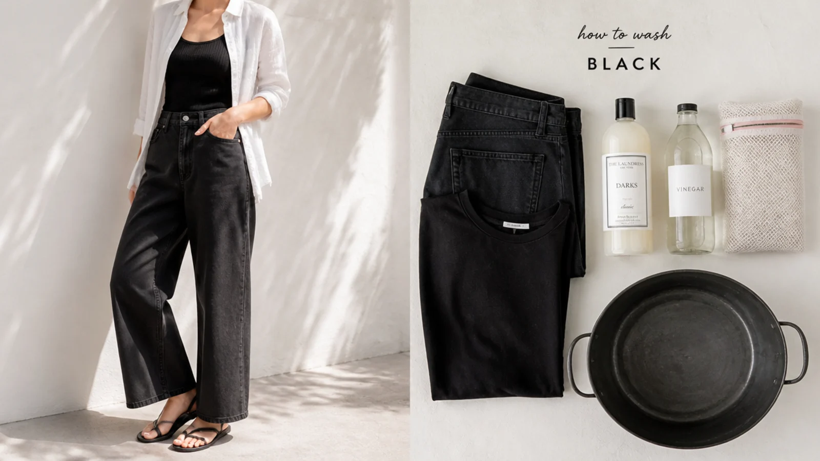 Faceless flat-lay of a black wash load with cold-water detergent, vinegar and a mesh bag laid out in order