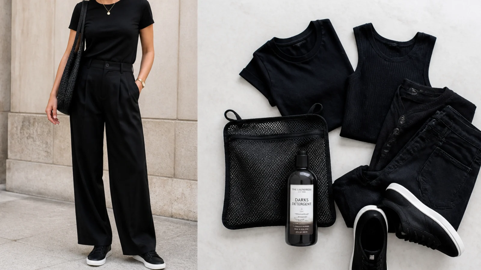 Faceless flat-lay of jet-black clothes with a mesh wash bag and dark-wash detergent for keeping black from fading