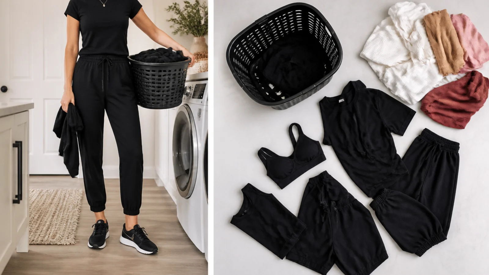 Faceless flat-lay of black clothes separated from a white and colored pile into a dark-only wash load