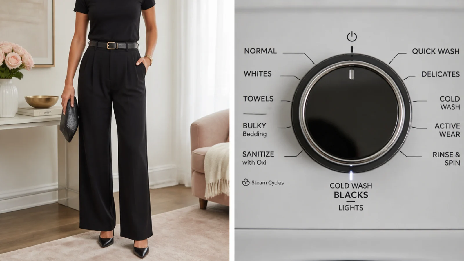 Faceless close-up of a washing machine dial set to a cold gentle cycle for black clothes