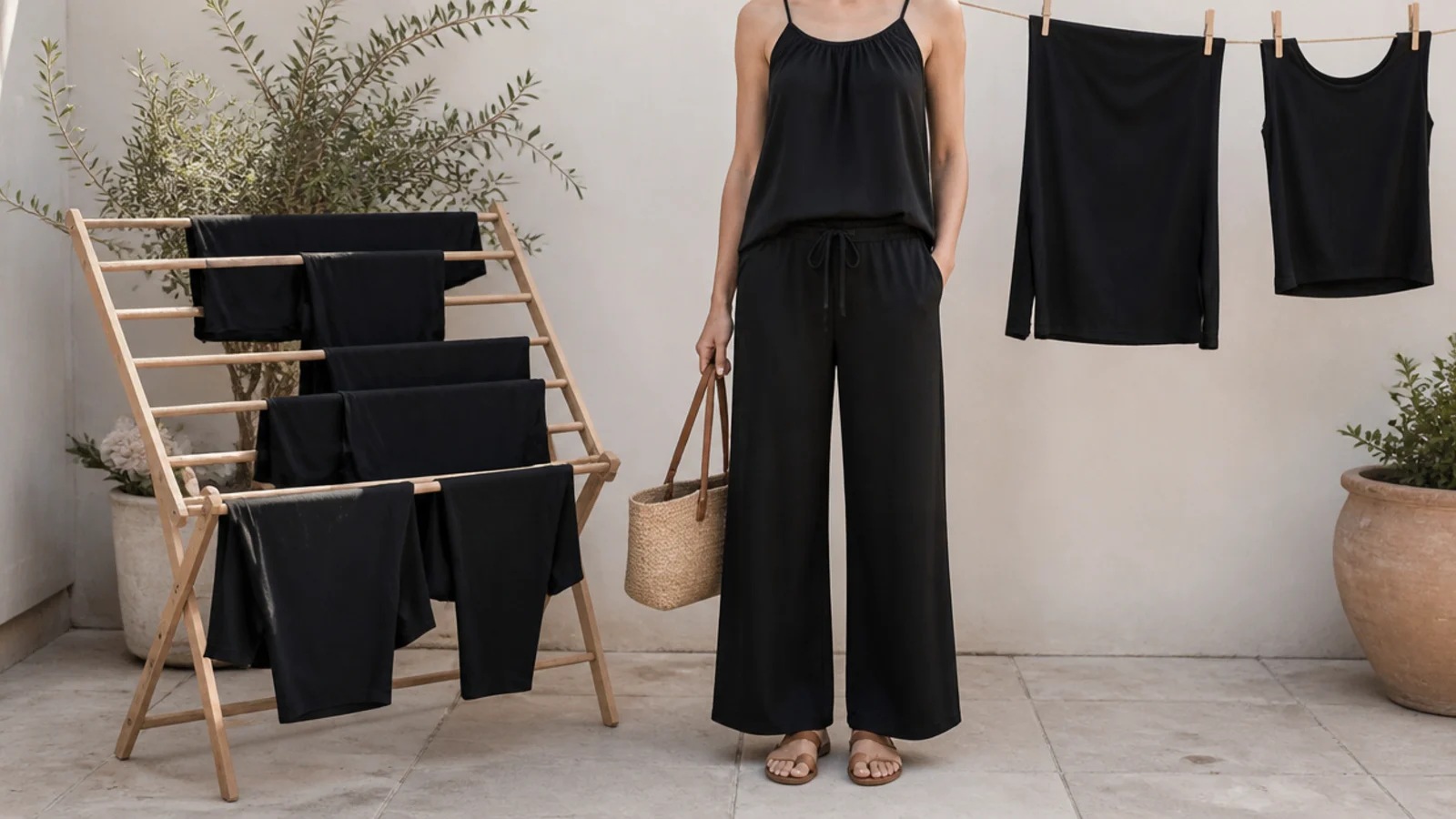 Faceless shot of black clothes drying flat on a rack and hung on a line in shade away from direct sun