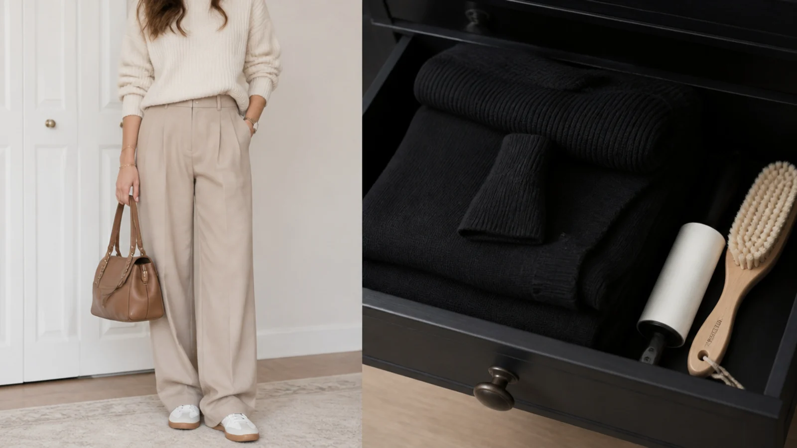 Faceless close-up of folded black knits stored in a dark drawer beside a lint roller and clothes brush