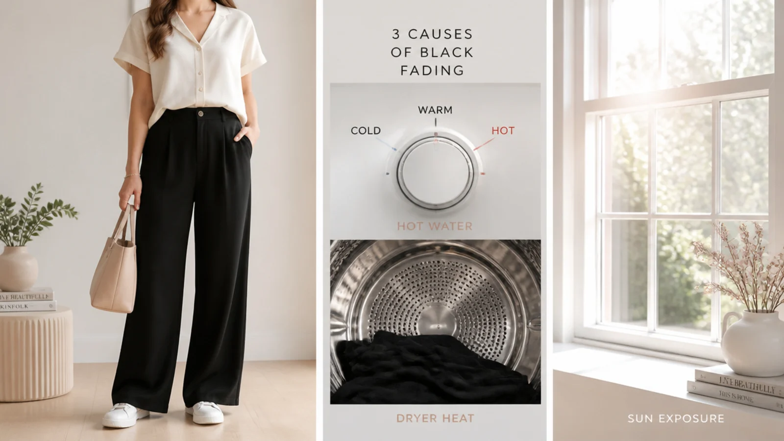 Faceless flat-lay showing a hot-water dial, a dryer drum and a sunny window as the three causes of black fading