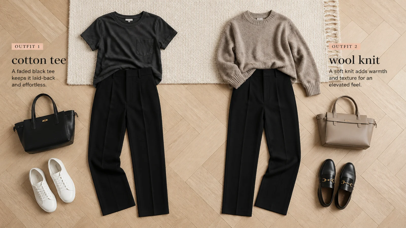Faceless flat-lay comparing a faded gray-black cotton tee against a jet-black ponte trouser and wool knit
