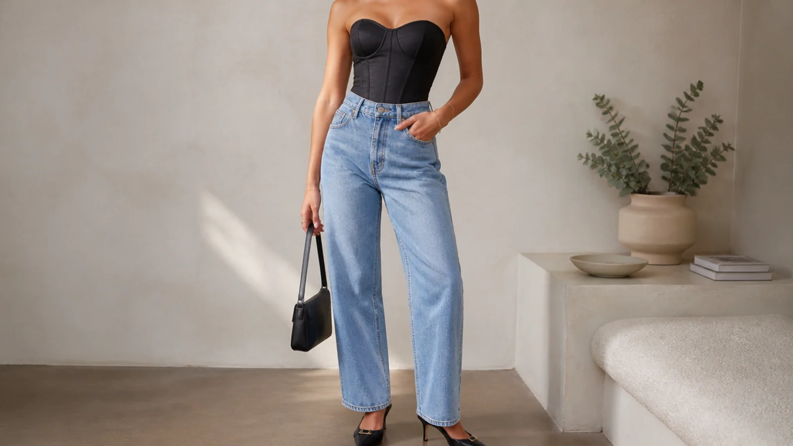 Faceless waist-up shot of a black corset top with high-waisted straight-leg jeans and pointed heels