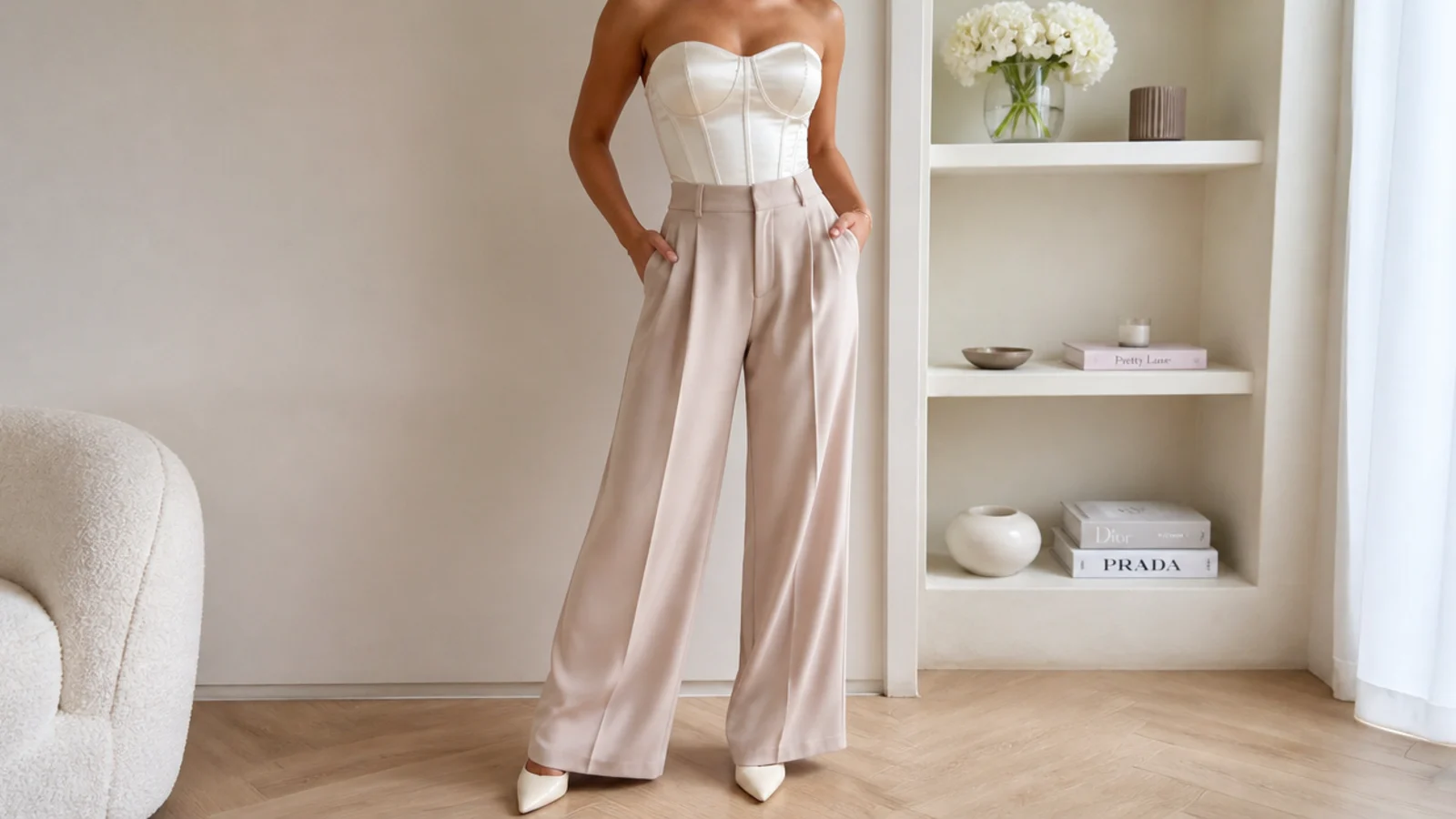 Faceless waist-up shot of a satin corset top with high-waisted wide-leg tailored trousers
