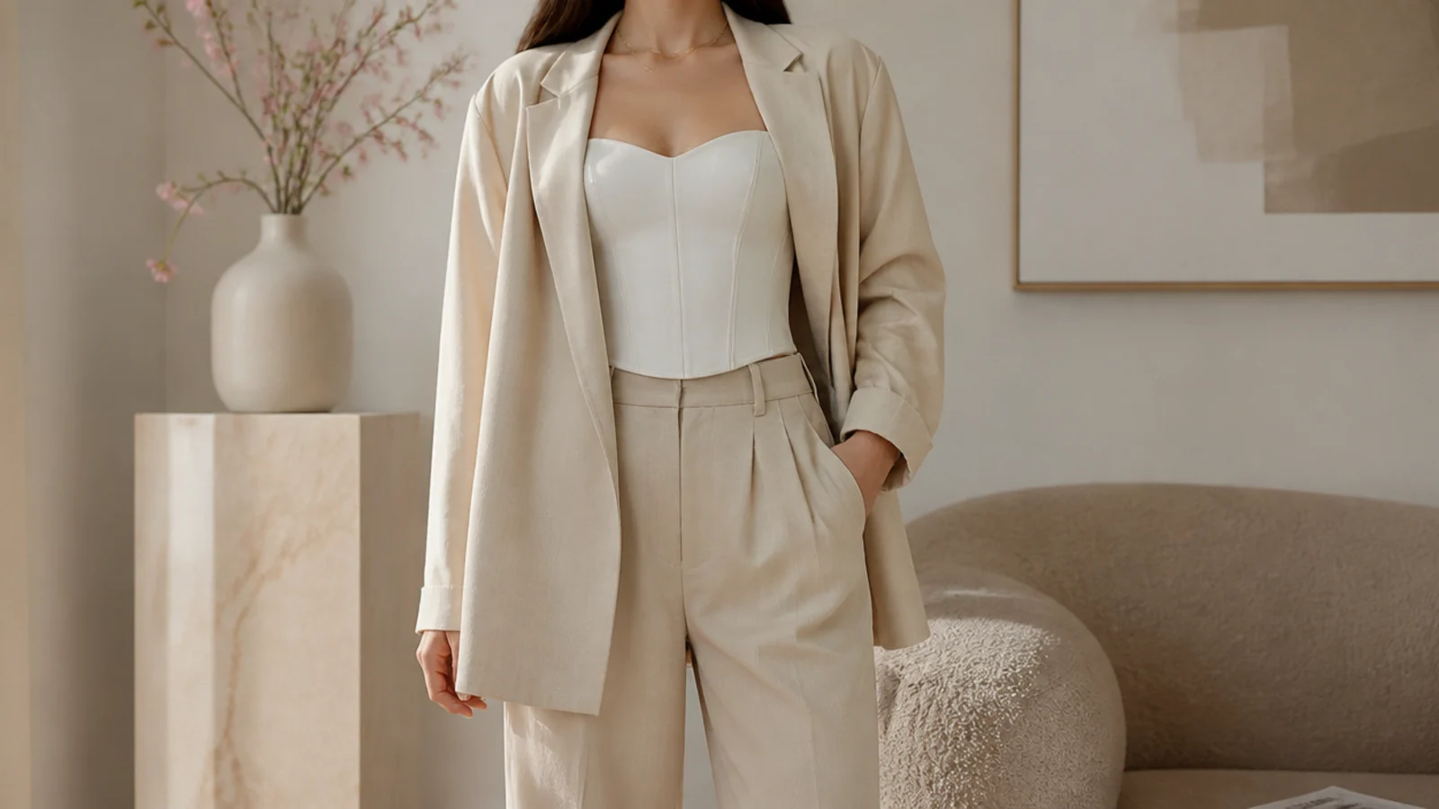 Faceless waist-up shot of a corset top under an open oversized blazer with tailored trousers
