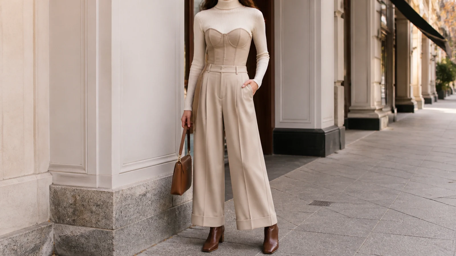 Faceless fall outfit with a corset top over a fitted turtleneck, wide-leg trousers and boots