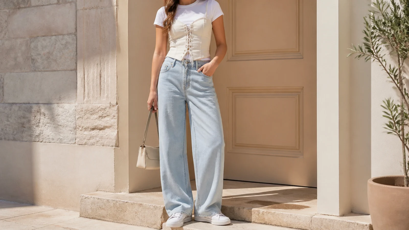 Faceless daytime outfit with a corset top over a white tee, baggy jeans and white sneakers