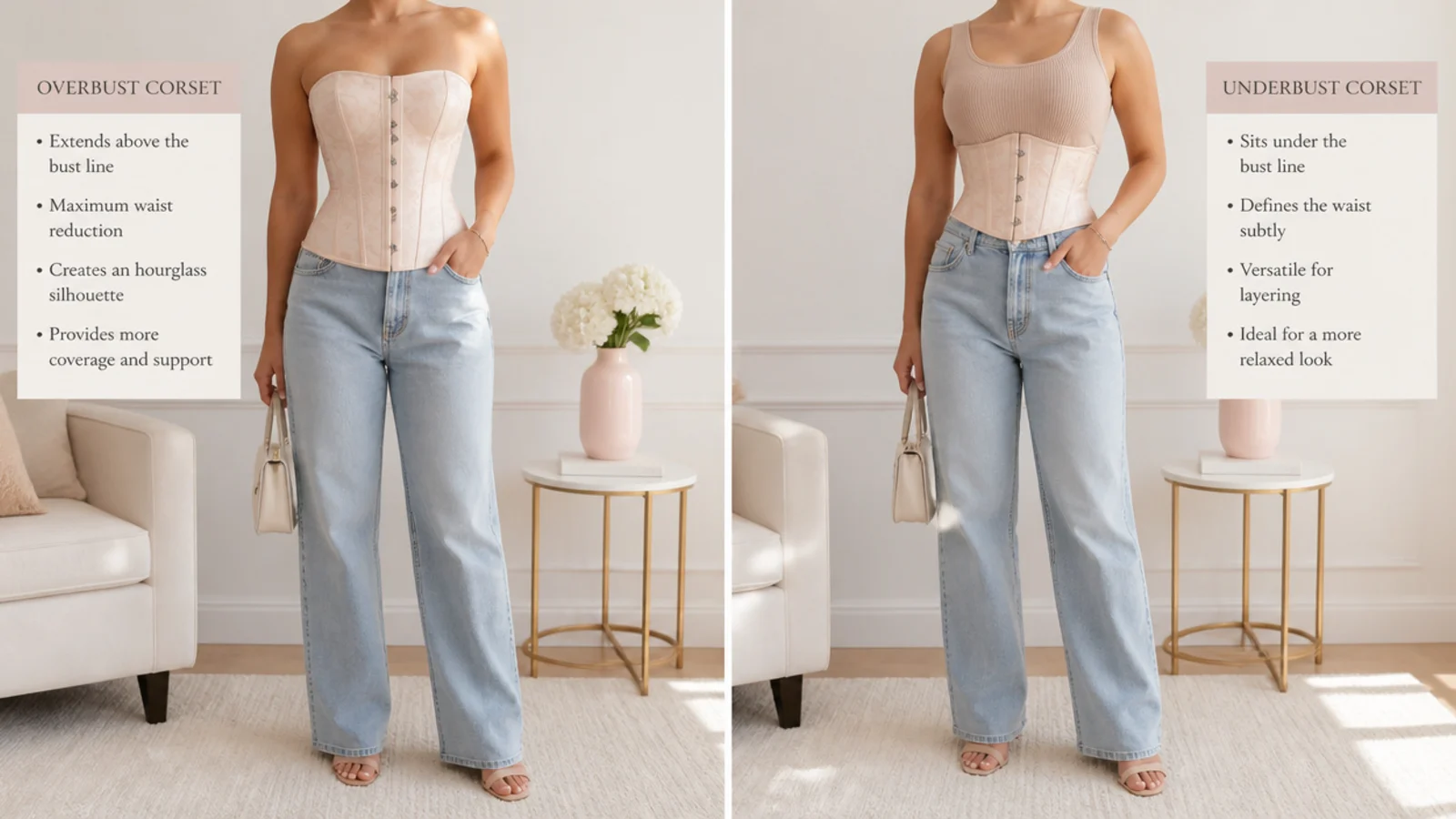 Faceless flat-lay comparing an overbust corset top and an underbust corset top side by side
