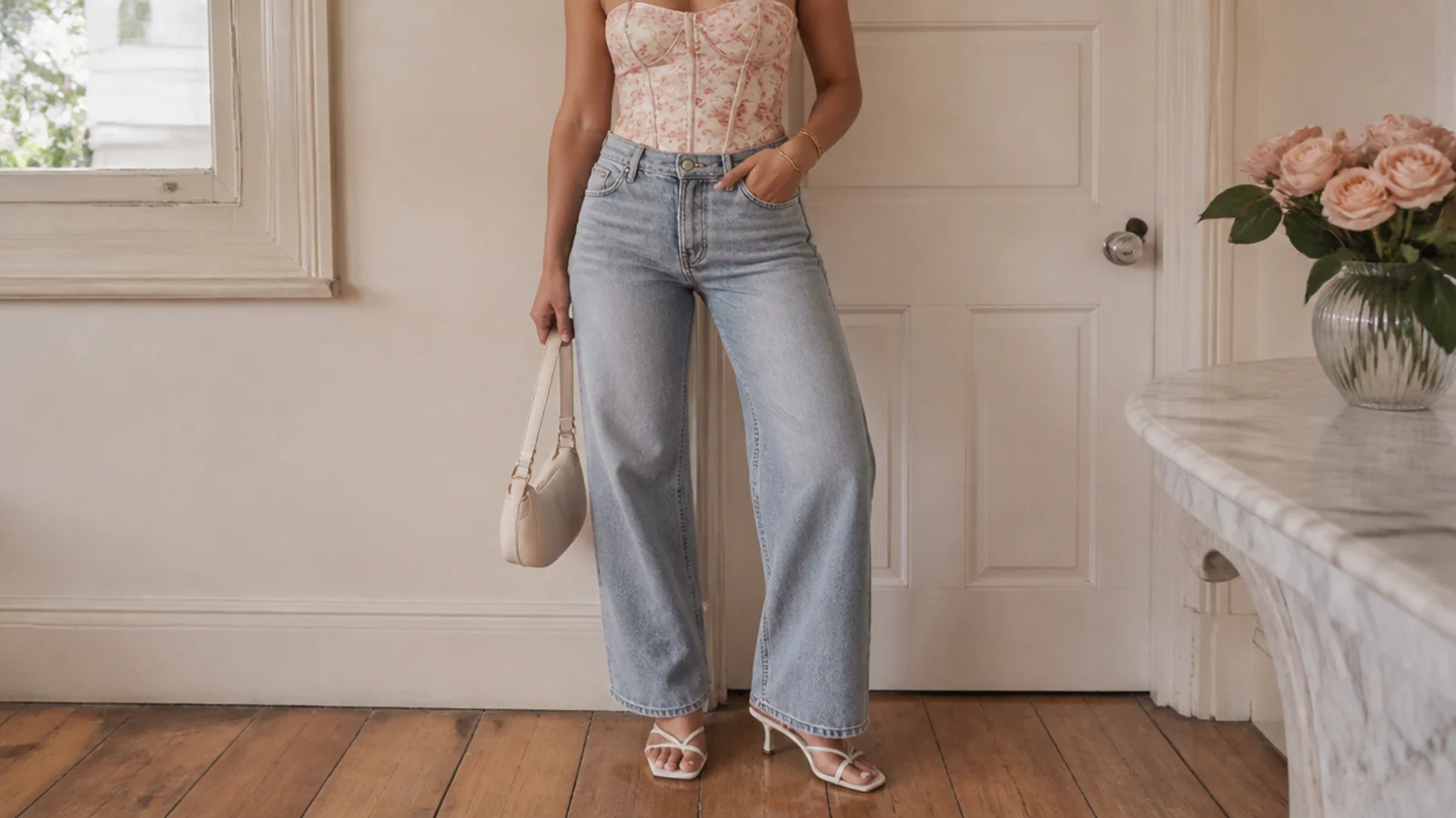 Faceless close-up of a corset top hem meeting a high-rise jean waistband with no skin gap