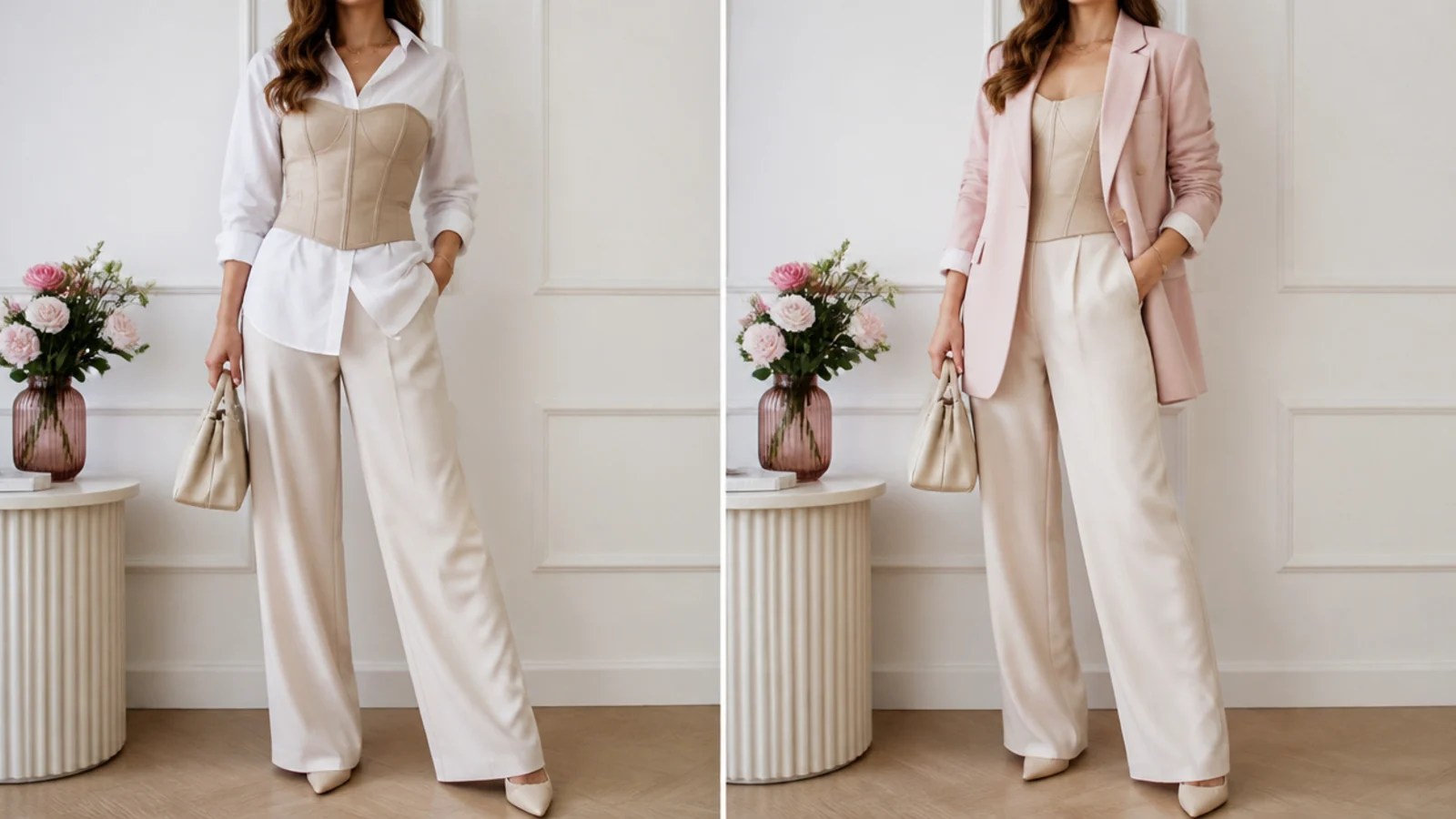 Faceless comparison of a corset top over a white button-down and a corset top under an open blazer