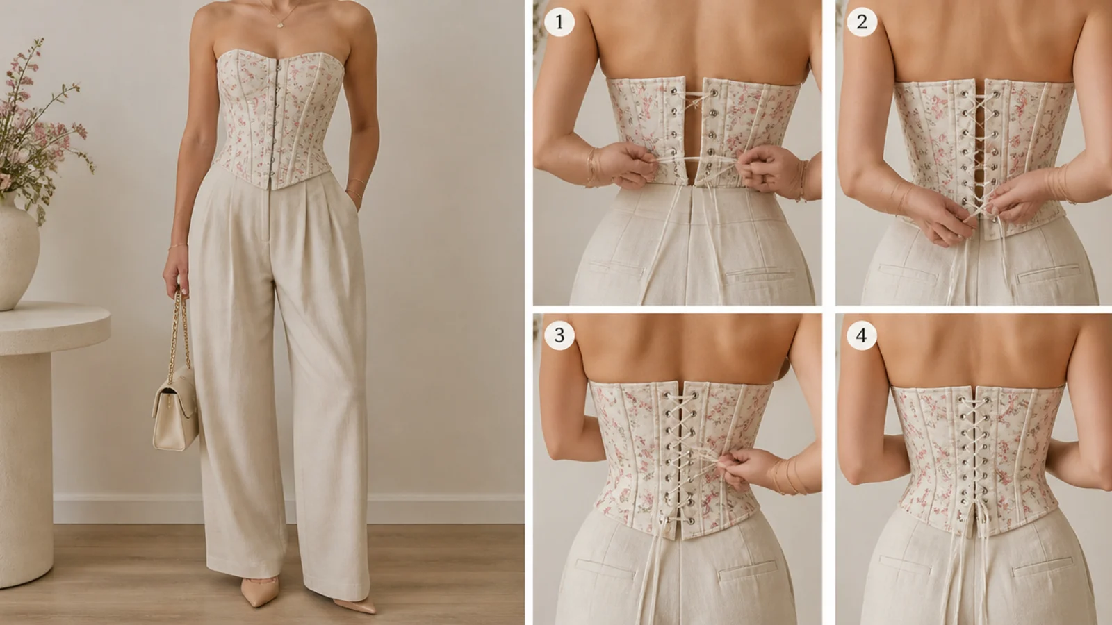 Faceless close-up of corset top back lacing being tightened from the top down to close a bust gap