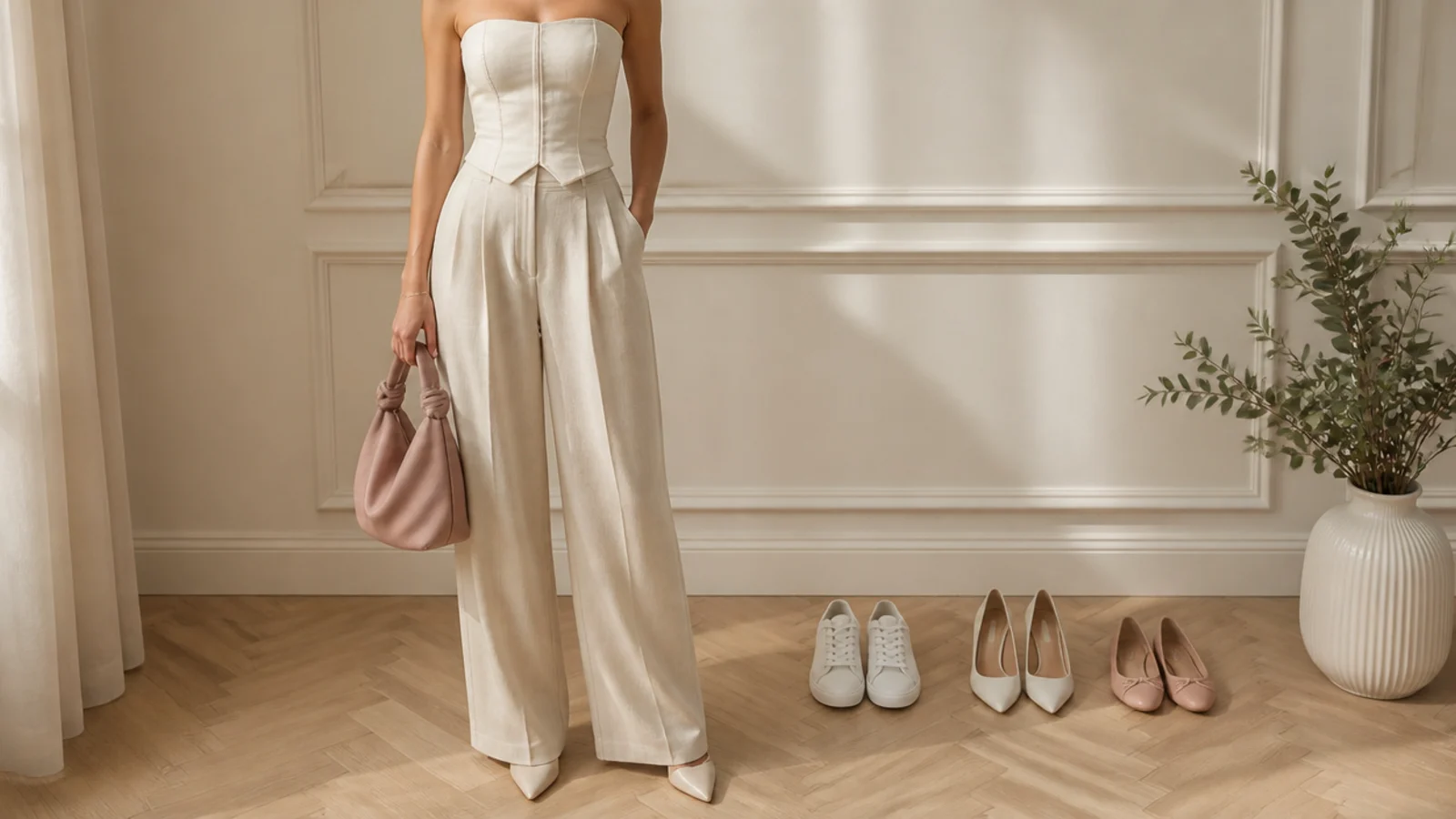 Faceless flat-lay of white sneakers, pointed heels and ballet flats beside a corset top outfit