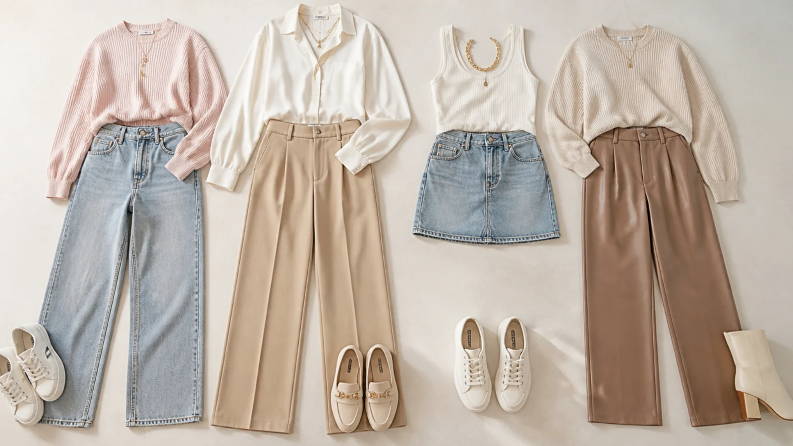 Faceless flat-lay of high-waisted jeans, wide-leg trousers, a denim mini skirt and faux-leather pants