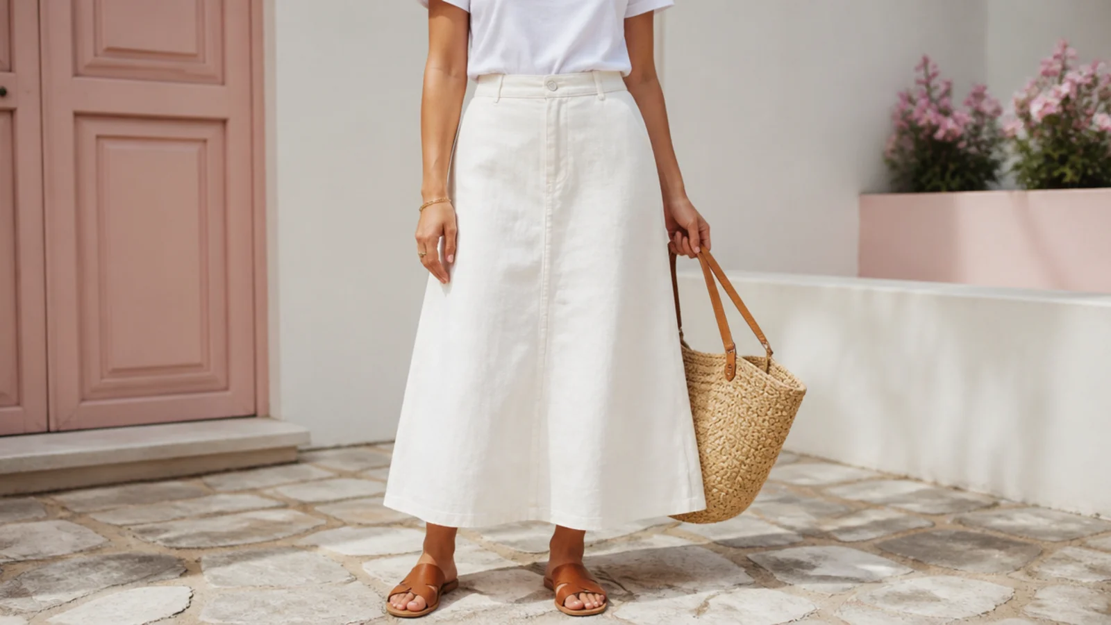 Faceless waist-down shot of a white A-line skirt with a tucked white tee, tan flat sandals and a straw tote